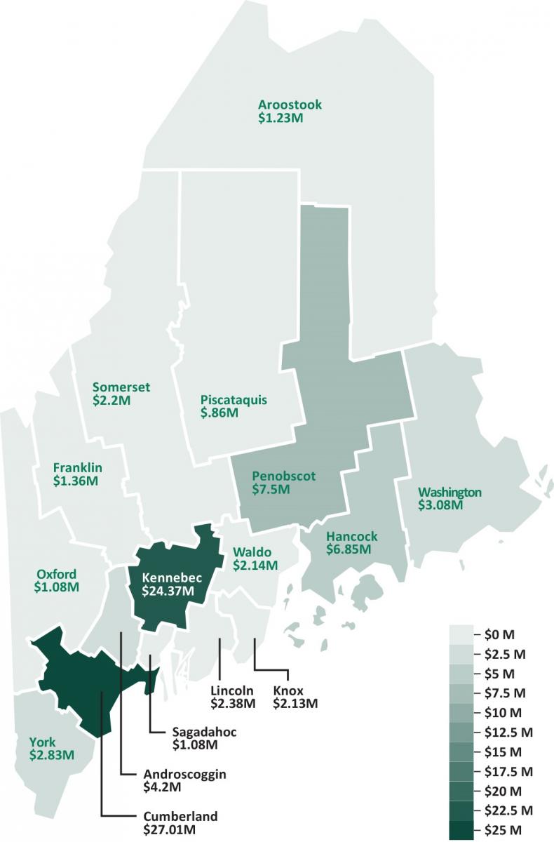 Map of Maine foundation giving by recipient county. 