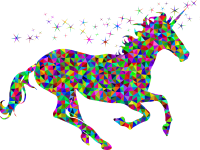 A sparkly, rainbow-colored unicorn galloping