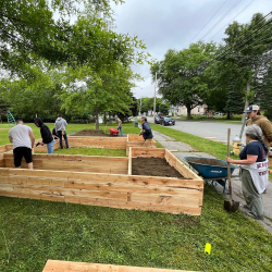Team constructing garden beds in outdoor space.