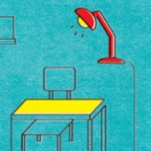 Illustration showing a lamp, desk chair, and desk.