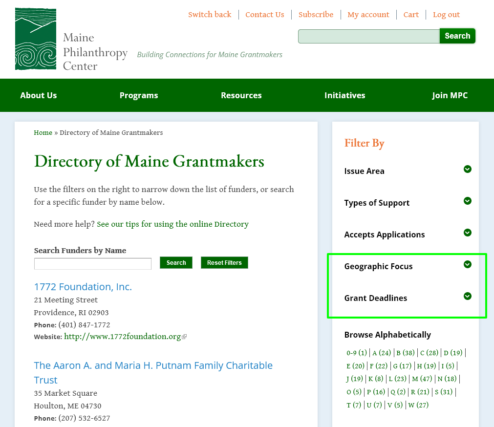 Screenshot of online Directory of Maine Grantmakers with green square around Geographic Focus and Grant Deadlines filters
