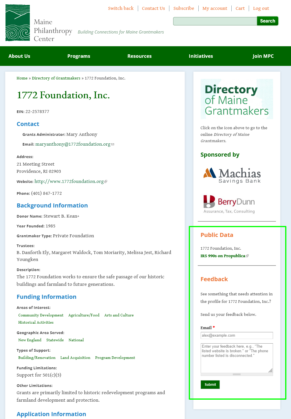 Screenshot of online Directory of Maine Grantmakers with green square around Public Data and Feedback sections