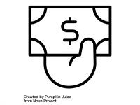 Black and white line drawing icon of a hand holding a dollar bill