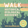 Poster for the Walk for Historical and Ecological Recovery, or WHERE, with a map of the Maine coast, foot prints, and the WHERE 2024 website: walkwhere.org